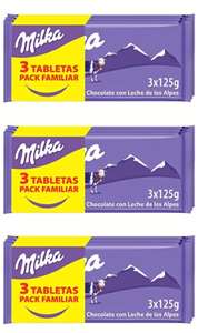 3x Milka Tableta de Chocolate con Leche de los Alpes Pack Formato Familiar 3 x 125g. Total 9uds [0'64€/ud]