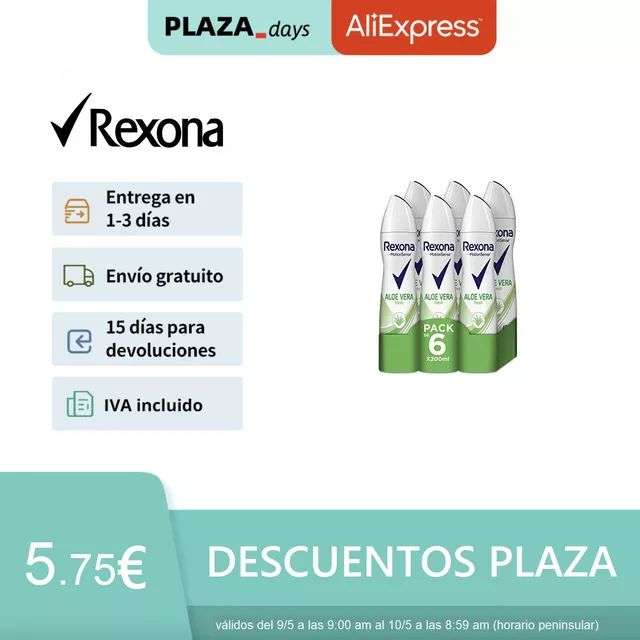 Rexona Desodorante Aerosol Antitranspirante para mujer Aloe Vera 200ml - Pack de 6