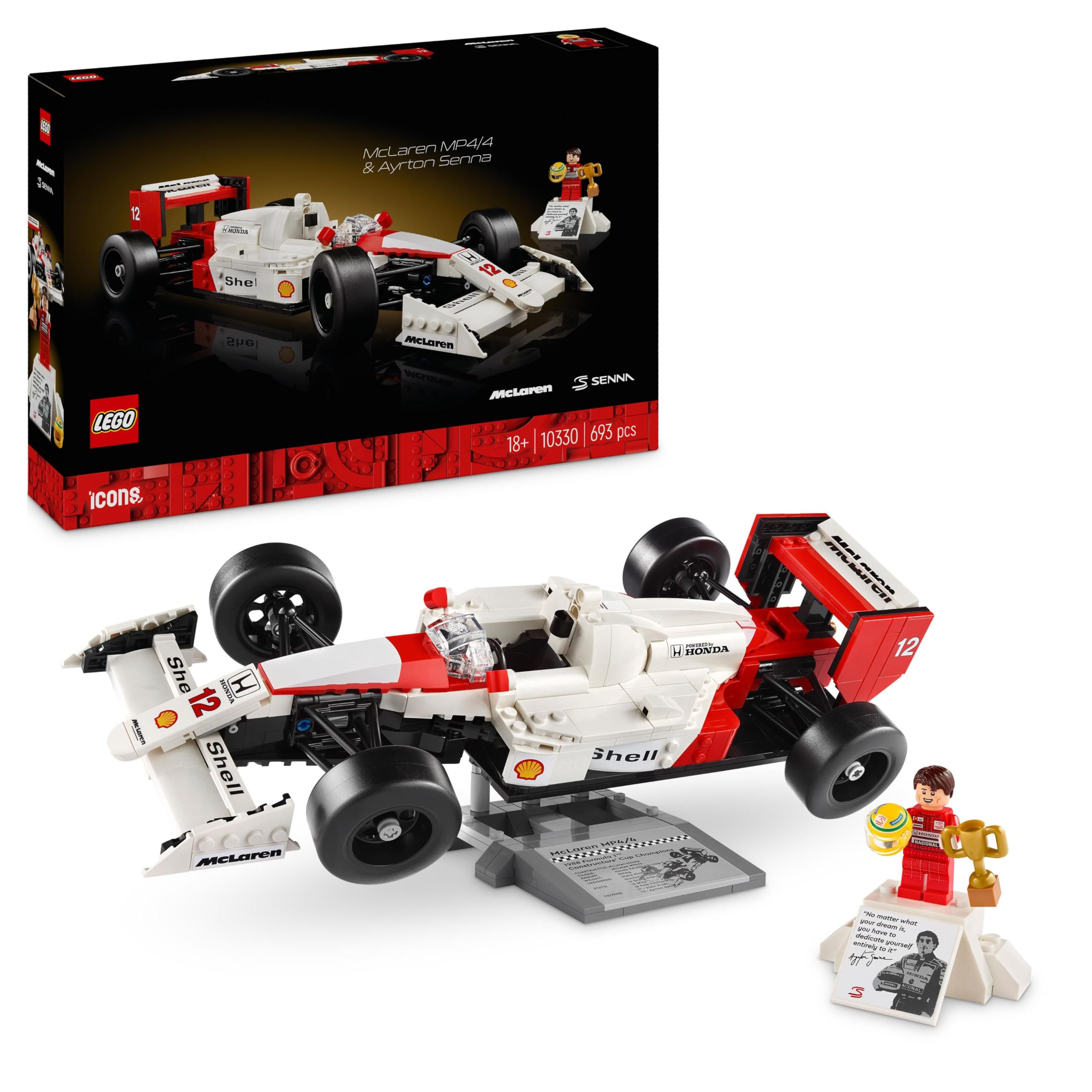 LEGO Icons McLaren MP4/4 y Ayrton Senna 10330 Set para adultos, minifigura F1, decoración de escritorio para hogar oficina, 693 piezas
