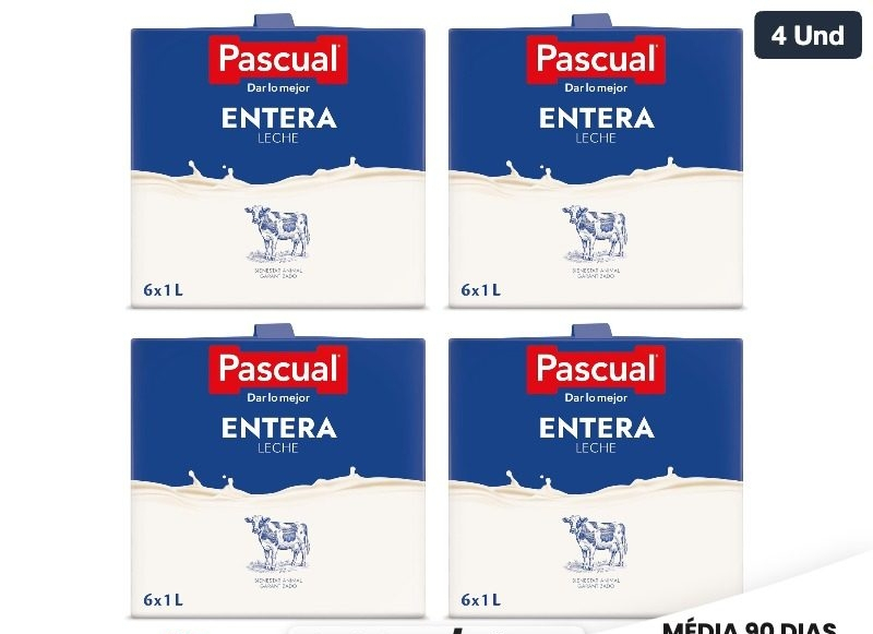 4x Leche Pascual - Leche Entera - Bienestar Animal - Pack 6 x 1L - Ideal para niños y adultos, Producto Natural y Saludable (total 24l)