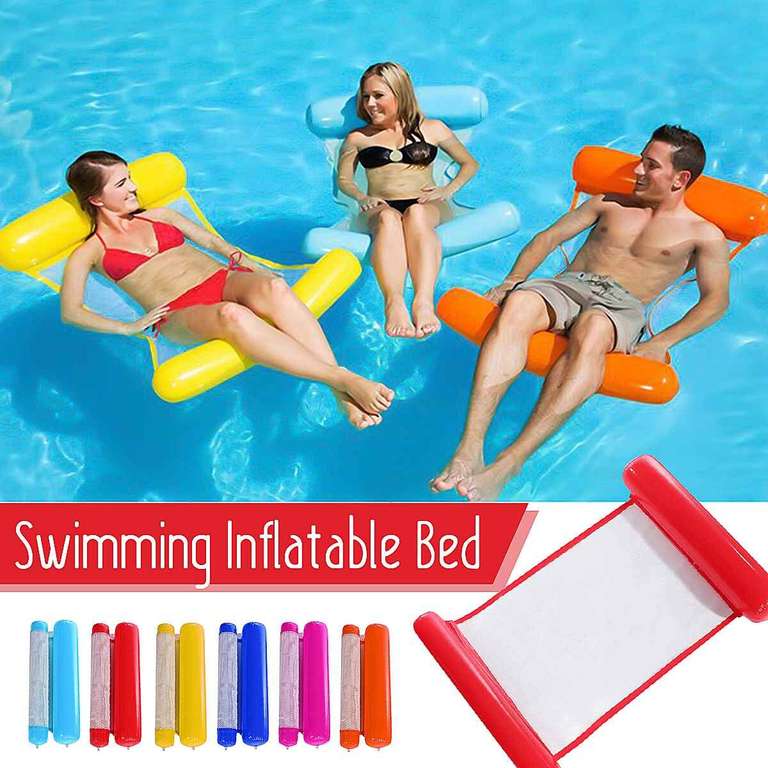 Colchoneta hinchable de uso como tumbona o hamaca reclinable en la piscina o playa, color azul claro