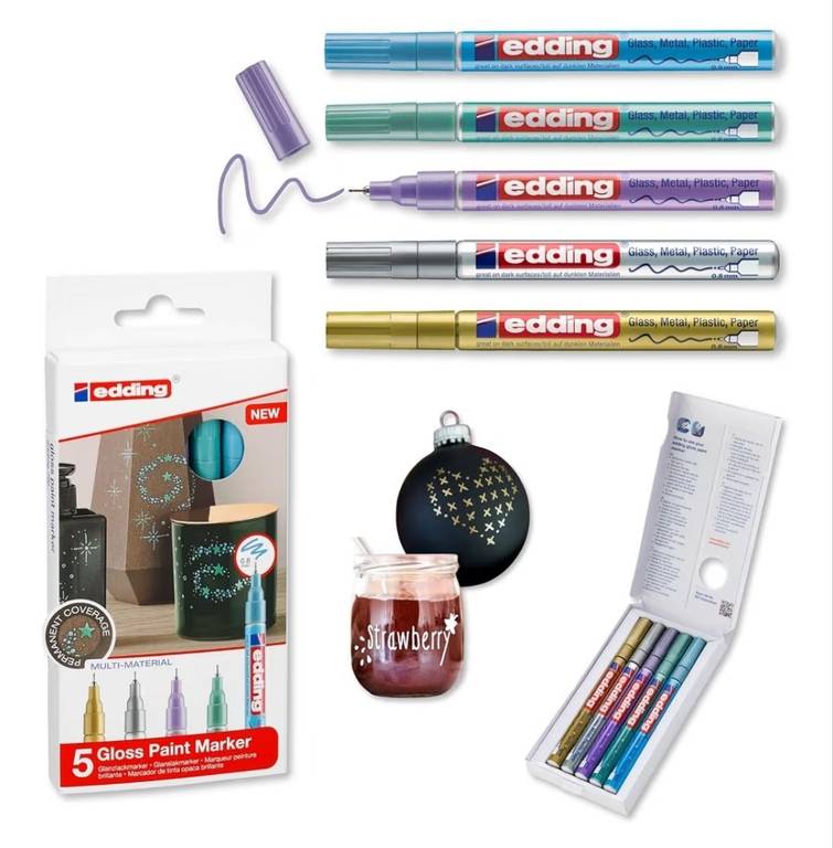 edding 780 marcador de tinta opaca brillante – oro, plata, azul, verde, violeta (metallic) – 5 rotuladores – punta extrafina 0,8 mm
