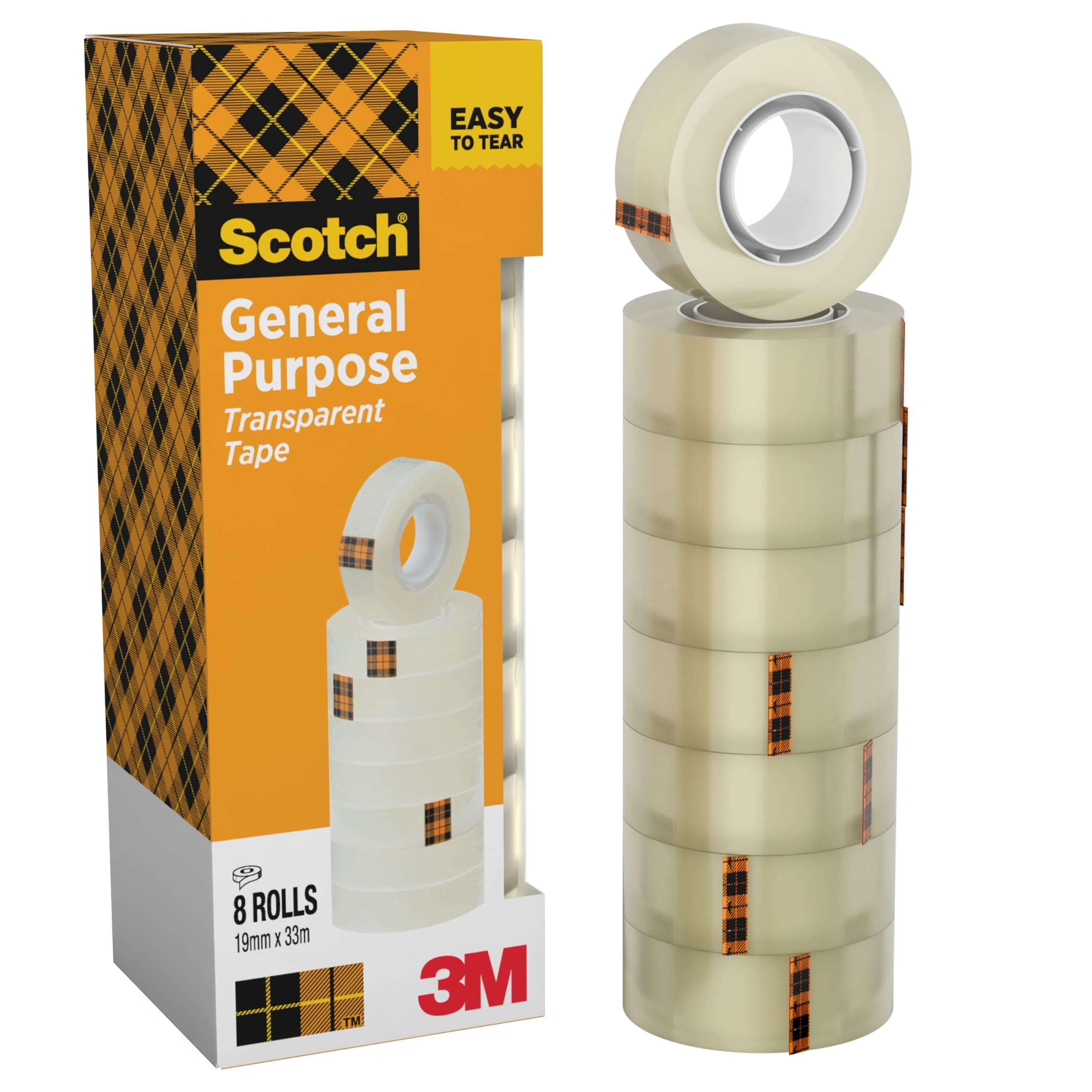 Scotch Cinta Adhesiva Transparente (Pack 8 Rollos) | Uso General para Hogar, Oficina y Colegio | Resistente y Fácil de Usar
