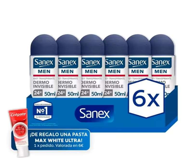 Desodorante roll-on para hombre Sanex Men Dermo Invisible 24h antitranspirante 50ml. Pack 6 [ Nuego Usuario 4.08€]