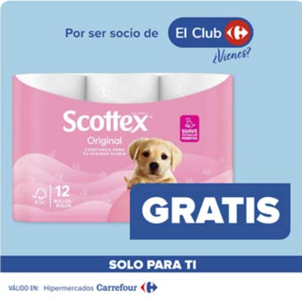 Gratis pack de papel higiénico scottex original 12 rollos en hipermercados carrefour por compras superiores a 50 euros