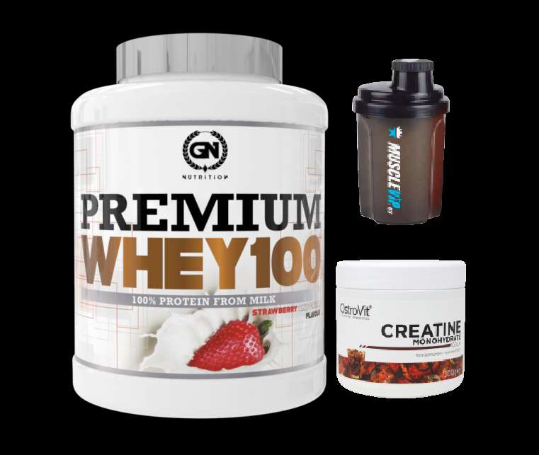 Pack Proteína Whey aumento muscular + Creatina + Mezclador