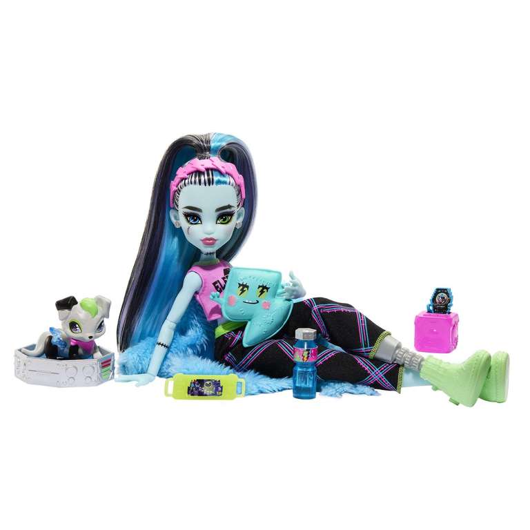 Monster High Fiesta de Pijamas Frankie Stein Muñeca articulada con Pijama, Mascota y Accesorios