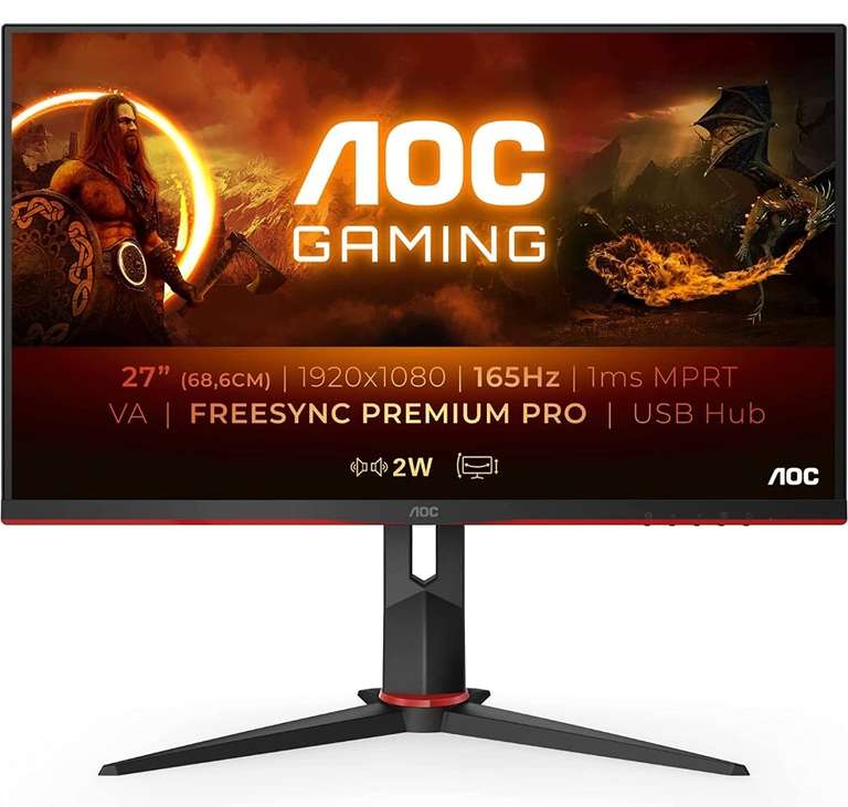 AOC Monitor Gaming 27G2SU- 27" Full HD, 165Hz, 4ms, VA, FreeSync Premium, FlickerFree, Low Blue Light