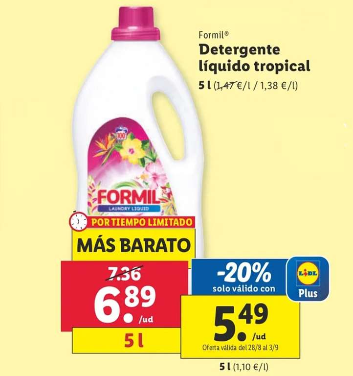 Detergente líquido tropical Formil 70 lavados (5l) a 5,49€ con la app Lidl Plus.