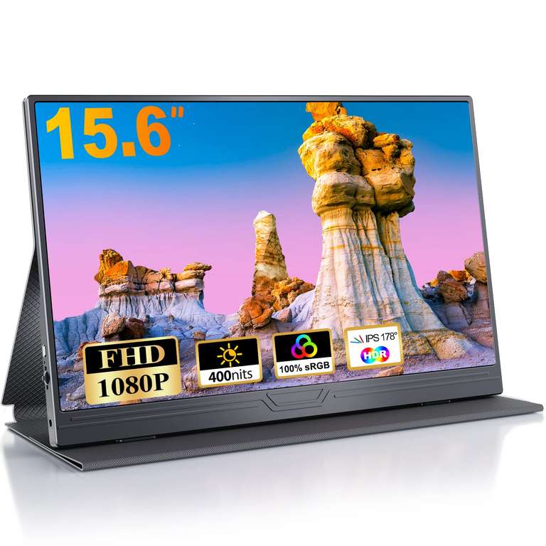 CUIUIC Monitor portátil 15,6 Pulgadas Full HD, 1920x1080 HDR IPS, Mini HDMI/USB Type C, Altavoces Integrados y Cubierta Inteligente