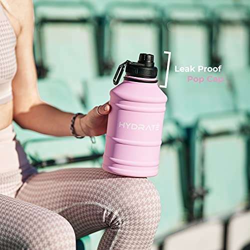 HYDRATE Botella de agua de acero inoxidable de 2,2 litros, color rosa claro, botella de agua de metal sin BPA , práctica correa ...
