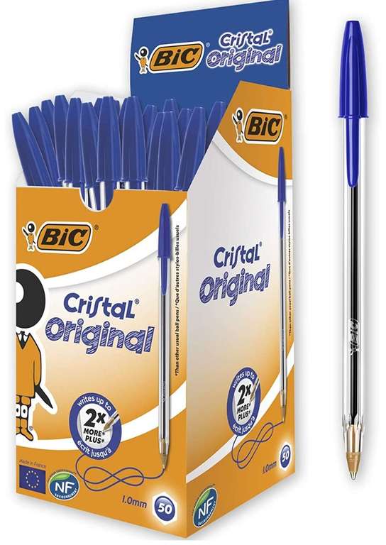 BIC Cristal Bolígrafos, Original, Óptimo para material escolar,Azul, Punta Media (1,0mm), Material Oficina y Papelaria, Caja de 50 Bolis