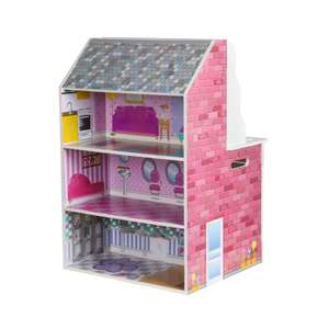 Casa de muñecas y cocinita de madera en blanco y rosa