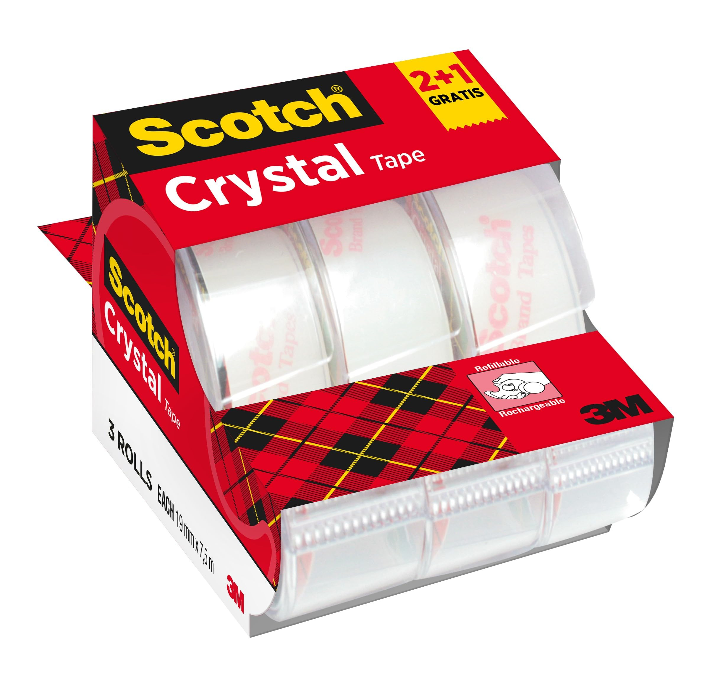 Scotch 6-1975C - Paquete de 3 Cintas Crystal con dispensador, 19 mm x 7.5 m