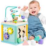 Cubo Actividades Bebé, Juguete Montessori de Madera, Juegos Sensoriales Educativos con Laberintos de Abalorios y Clasificador de Formas