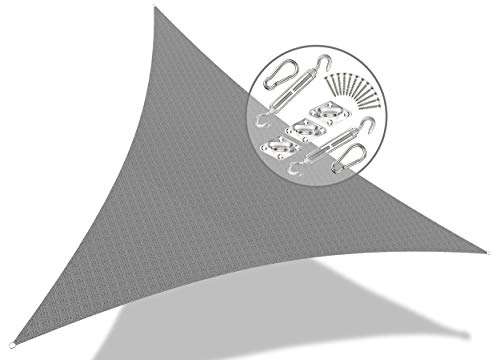 VOUNOT Toldo Vela de Sombra Triangular 3.6 x 3.6 x 3.6 m, Incluye 19 Kits de Montaje, Protección Rayos UV y HDPE Transpirable, para Exterior