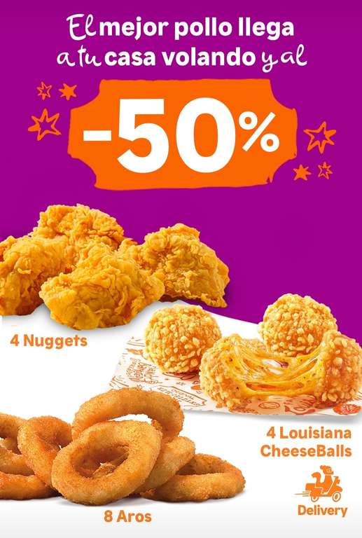 En la App de Popeyes 4 Louisiana Cheeseballs,8 Aros de cebolla o 4 Nuggets al 50% de descuento [ Solo pedidos a domicilio ]