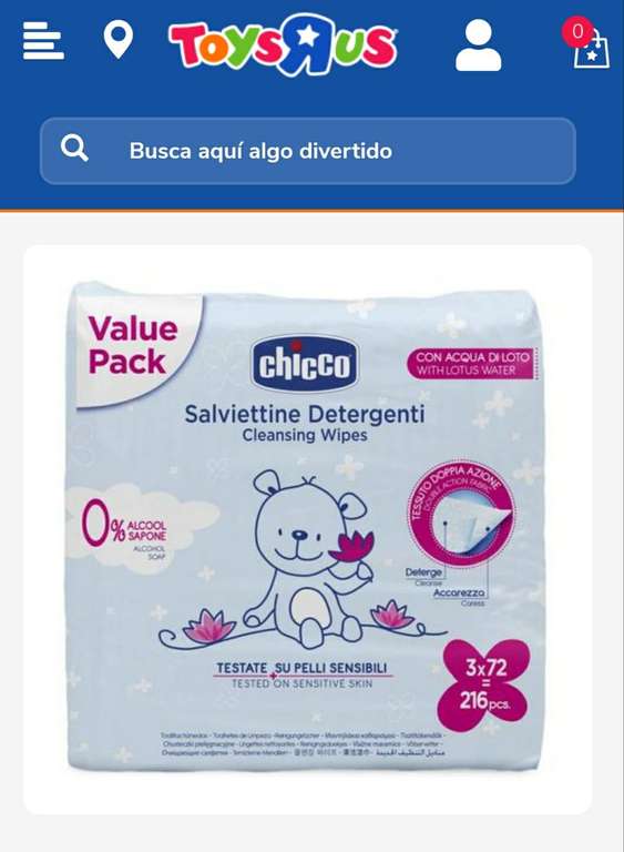 6 packs de toallitas de bebé Chicco 72 u (432 toallitas) por 10,49 (0,024 unidad)
