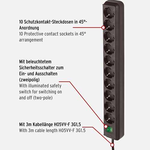 Brennenstuhl Eco-Line regleta de enchufes con 10 tomas de corriente (cable de 3 m, interruptor) negro