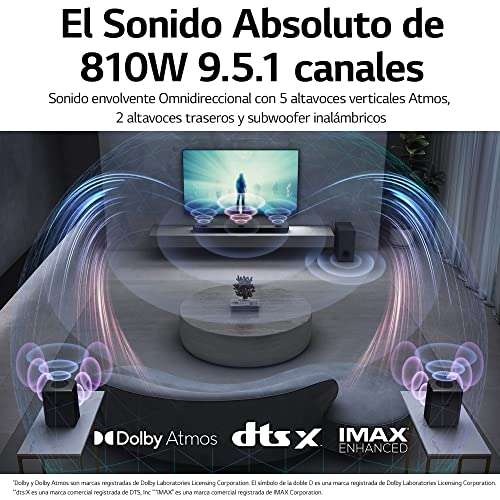 LG S95QR - Barra de Sonido Inteligente, 810 W, 9.1.5 Canales, 5 Altavoces Atmos Verticales + Altavoces Traseros , Dolby Atmos, dst:X e IMAX,