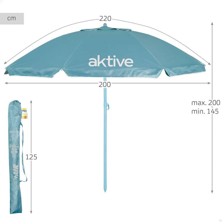 Sombrilla de Playa inclinable Ø220cm, Azul con Tubo Metalico Ø28/32 mm y Protección UV50 + Bolsa de Transporte