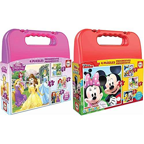 Educa Princesas Disney Maleta, Conjunto De Puzzles Progresivos, Multicolor (16508) + Mickey Mouse Maleta con Puzzles Progresivos, Multicolor