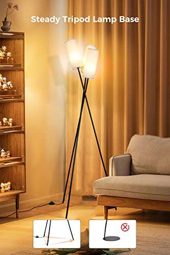 Lámpara de pie NELE, Lámpara de pie vintage de 3 Casquillos E27 Max.60W, Lámpara de pie moderna de Lino beige, Interruptor de pie