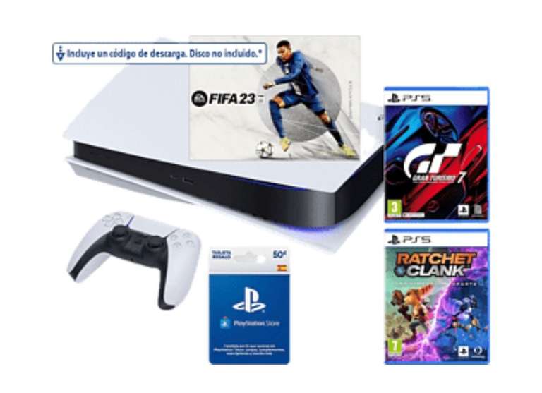 Consola - Sony PS5, 825GB +1 DualSense Wireless Controller + Juegos FIFA 23, Gran Turismo 7 y Ratchet & Clank + Tarjeta 50€ PS Store