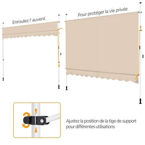 Toldo Manual Retractil para Balcón con Manivela 210-300cm Altura Ajustable Sin Taladrar Resistente a los Rayos UV 300 x 180 cm/Beige