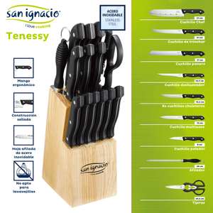 SET 15 piezas (Incluye cuchillos, afilador, tijeras...) SAN IGNACIO con base de madera