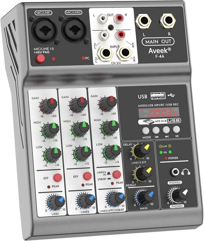 Mezclador de Audio 4 canales,Sound Mixer Board Mezclas con USB Bluetooth phantom Mezclador DJ estéreo para grabación,streaming en directo