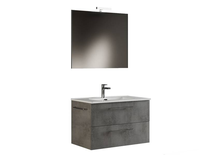 Mueble baño suspendido 80 cm Gris Cemento con Lavabo, Espejo y lámpara LED, L.81 x P.47 x H.53 cm, Madera