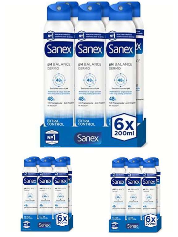 18 desodorantes Sanex Dermo Extra Control, Desodorante Spray unisex, 3 Packs 6 Uds x 200 ml [1'57€/ud]
