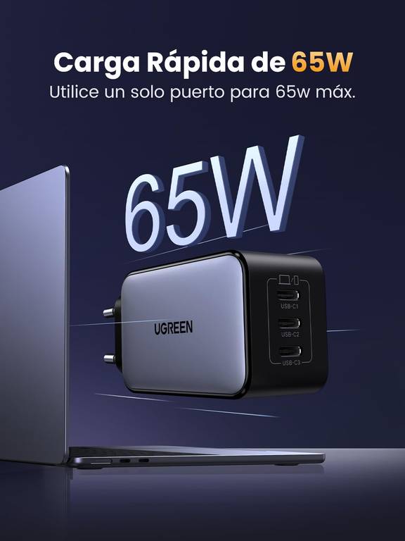 UGREEN Nexode Cargador USB C 65W Adaptador de Corriente GaNInfinity 3 Puertos, PD 3.0