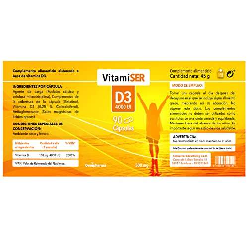 Vitamina D3 4000 UI Vitamiser 90 cápsulas Indicado para las articulaciones y huesos. Mejora el sistema inmunológico