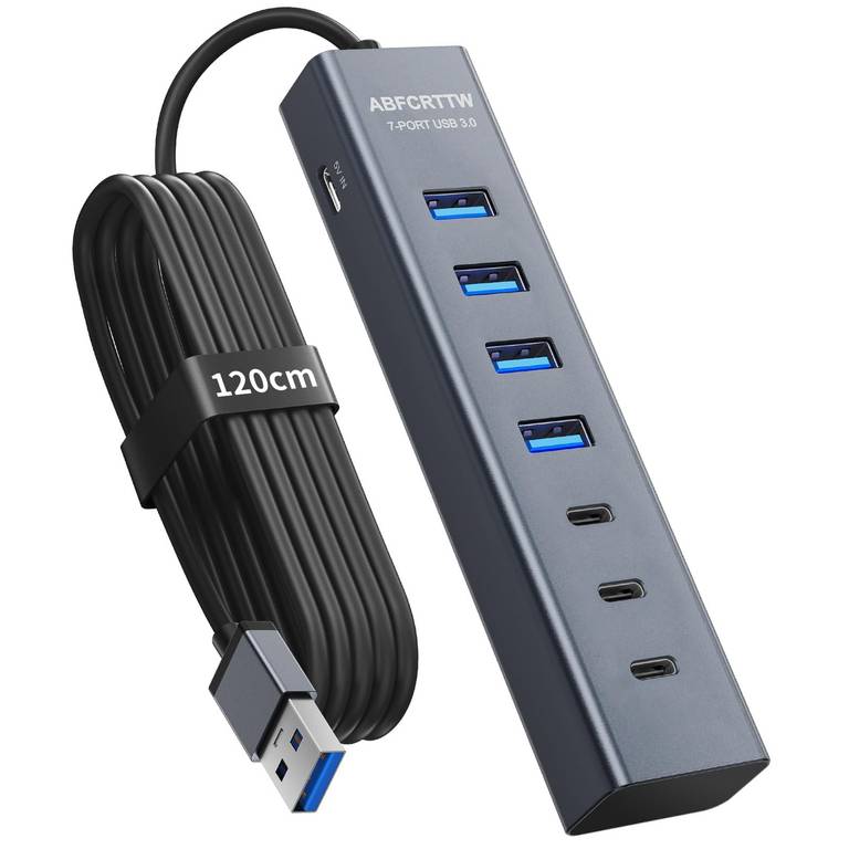 7 Puertos Hub USB 3.0 con 120cm Cable para PC Computadora,USB Hub Adaptador multipuerto con USB 3.0 5Gbps, 4 USB-A & 3 USB-C Puertos
