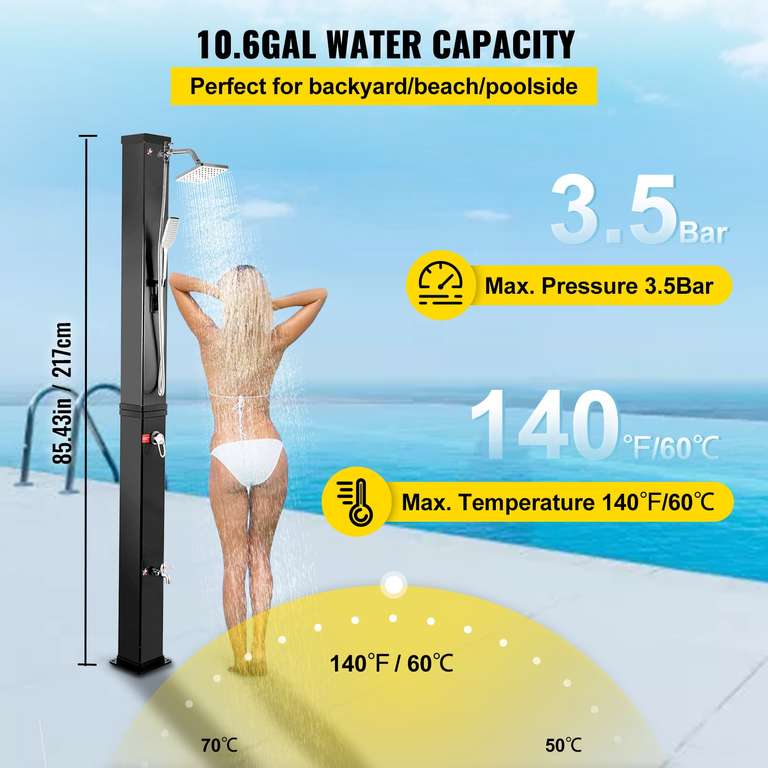 Set de ducha solar de PVC para piscinas con unas medidas de 217x20x19cm