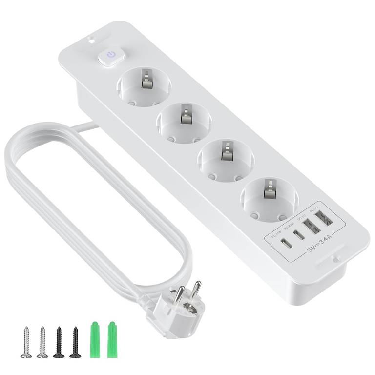 Enchufe empotrable con USB, regleta de 4 enchufes retráctil con USB A y tipo C, 8 en 1 con cable de extensión de 2 m