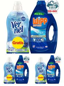 3X Detergente líquido 35 dosis + Vernel suavizante Cielo Azul 60 dosis (Total 105 lavados Wipp+ 180 lavados Vernel). Click&Car Gratis.