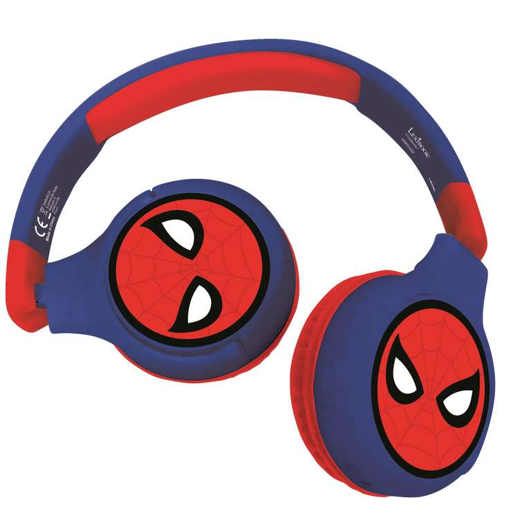 LEXIBOOK, Spider-Man, Auriculares Bluetooth, HPBT010SP Bluetooth y cable 2 en 1, volumen seguro, plegables, rojo/azul