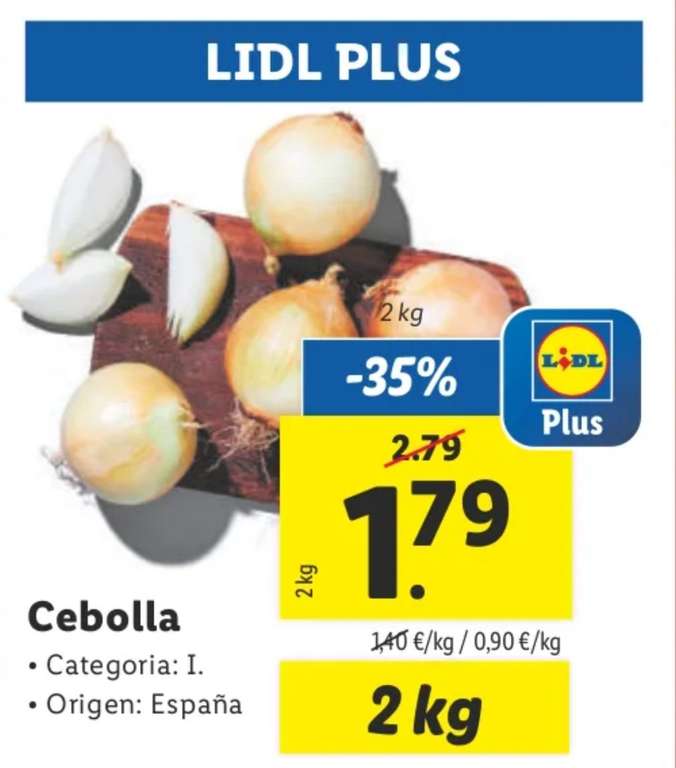 Cebolla origen España malla 2kg (0,90€/kg) - [Lidl Plus]