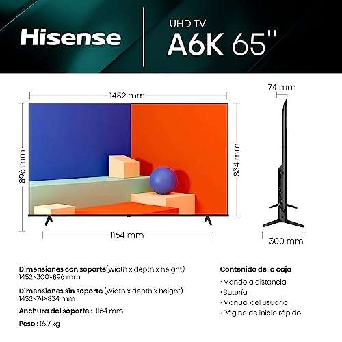 Hisense 65A6K UHD 4K,VIDAA Smart TV, 65 Pulgadas, Dolby Vision, Modo Juego Plus, DTS Virtual X, Control por Voz televisor (2023)