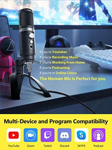 Moman Microfono USB, Microphone PC Condensador Plug & Play con Trípode Mic