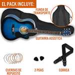 Pack de guitarra acústica con cortadura de tamaño estándar + funda de transporte, púas y cuerdas de repuesto.