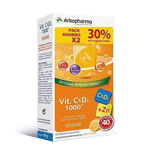 Arkopharma Vitamina C&D3 + Zinc 20 Comprimidos Efervescentes X2, Refuerzo Sistema Inmune, Huesos, Menopausia