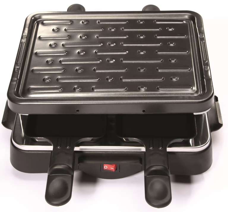 Raclette Jocca: Plancha grill con placa extraíble antiadherente junto a 4 sartenes individuales y 4 espátulas de madera