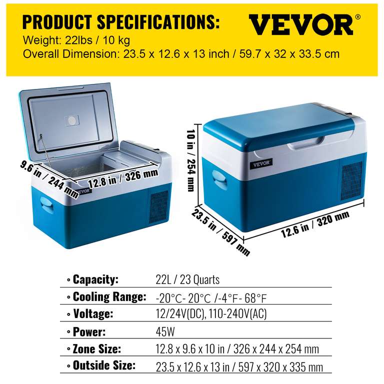 VEVOR-nevera portátil para coche, minicongelador de compresor, 12/24V CC 110-240V, caja de hielo para Camping(1° compra 109,43€)