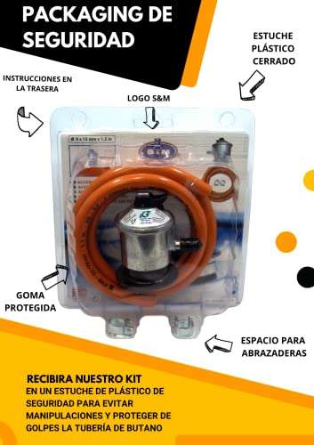 S&M 321771 Kit completo Regulador de gas butano+ Tubo Goma 1,5 metros + 2 abrazaderas de seguridad, Gris/Naranja