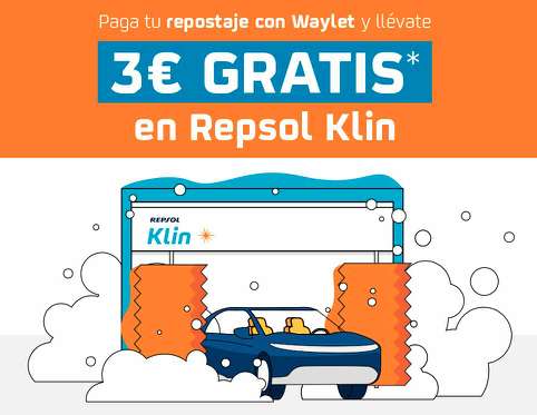 Waylet 3€ gratis en lavado Repsol Klin [repostaje 30 litros]