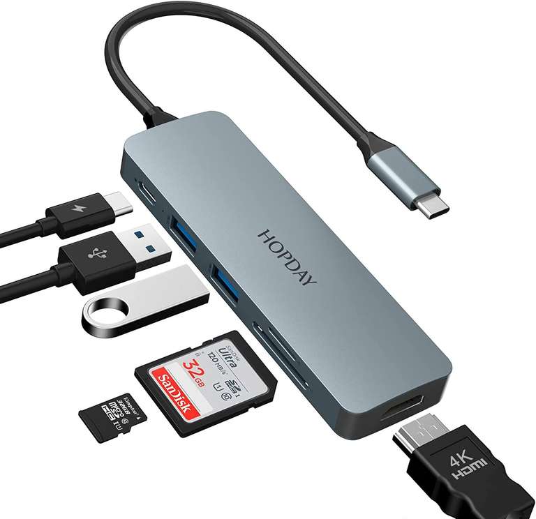 Hub USB C, HOPDAY 6 en 1 Adaptador USB C a HDMI 4K, 2 Puertos USB 3.0, SD/TF Lector Tarjeta, Puerto de Carga Tipo C 100W